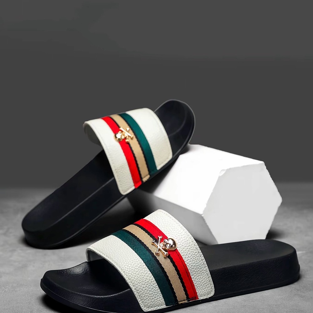 Stylish White and Black Slide Sandals with Red and Green Accents